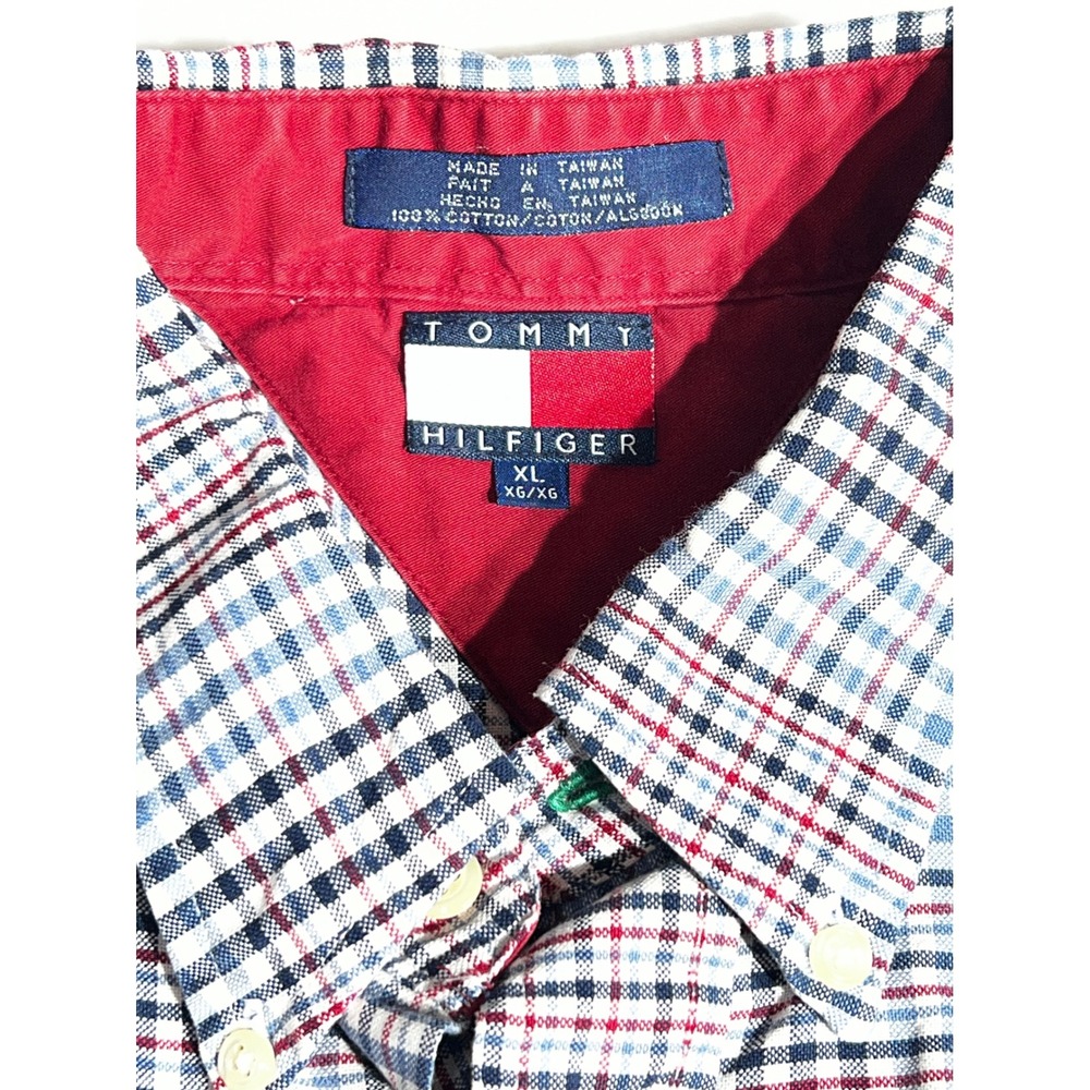 Tommy Hilfiger Mens XL Plaid Button Down Shirt Blue Red White Cotton Crest Logo